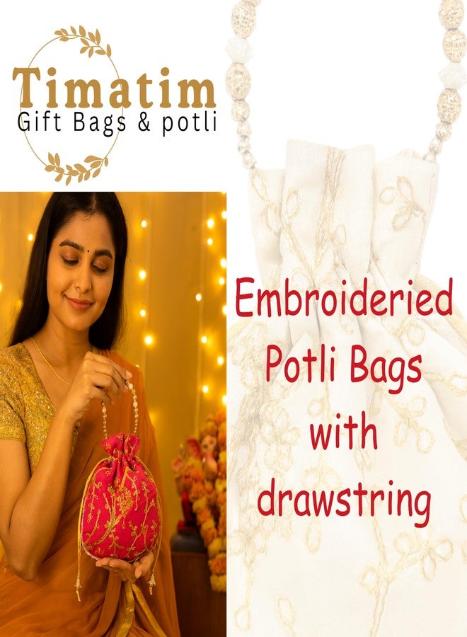 Timatim Women’s Embroidered Potli Bag | Return Gift Potli for Wedding, Haldi Kumkum, Pooja, Navratri & Festive Events | Silk Potli with Pearl Handle & Golden Thread Work (10) - Image 3